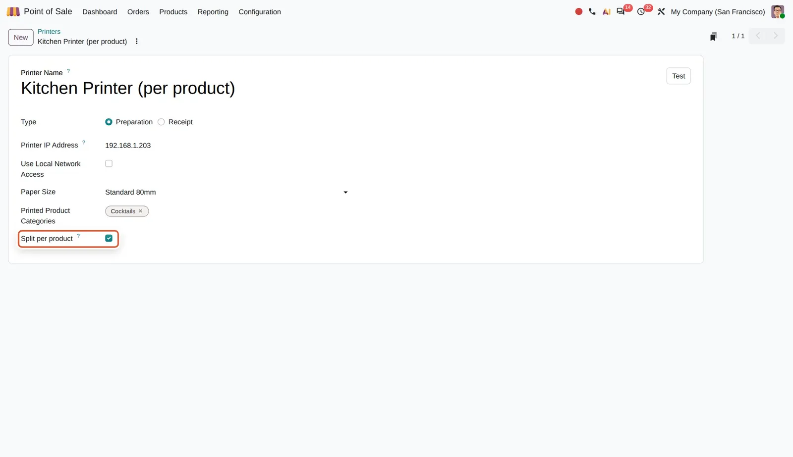 Odoo 20 Print preparation tickets per product: The new Split per product option on a preparation printer.