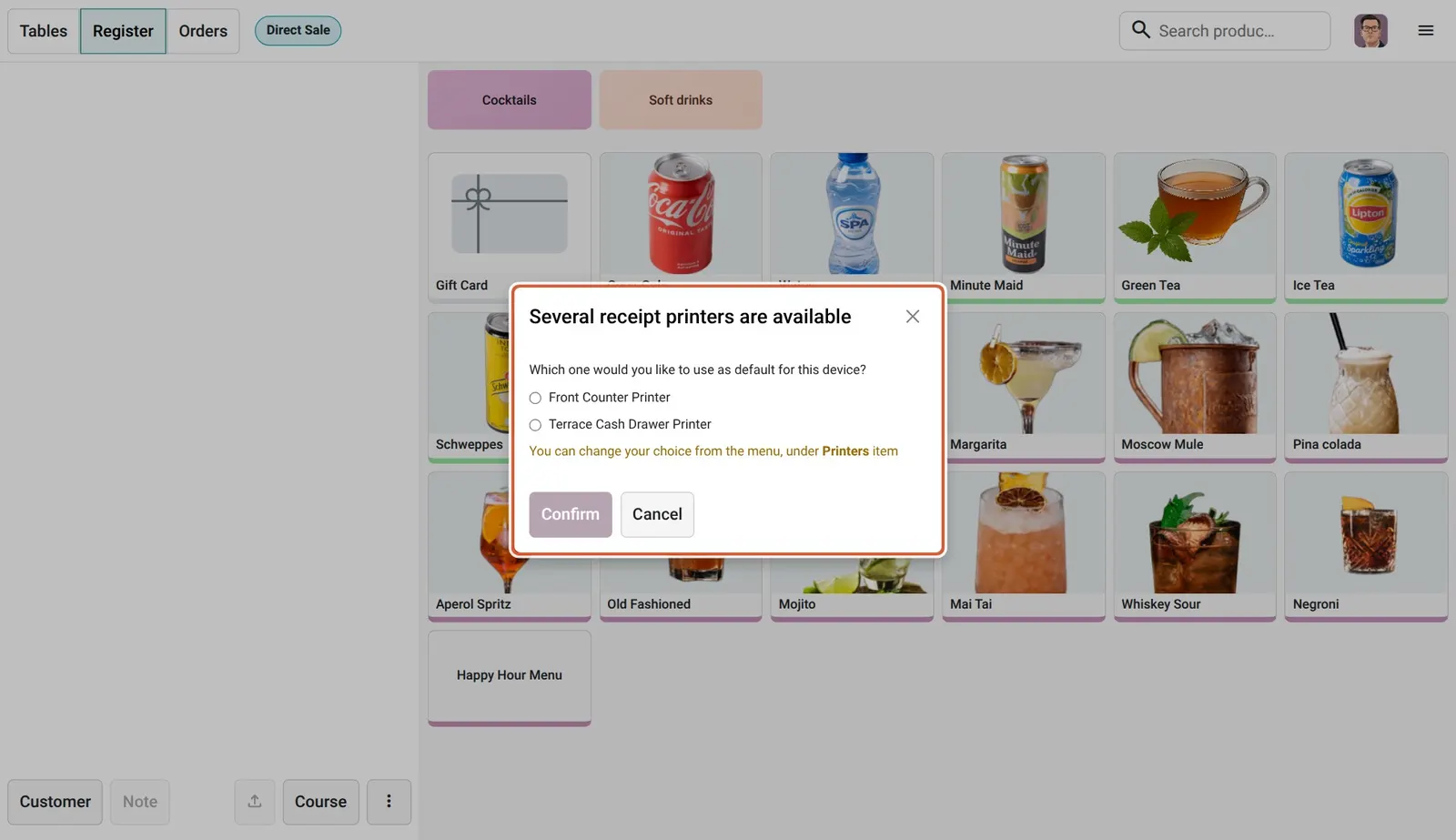 Odoo 20 Printer management: The dialog to pick which receipt printer this device uses by default.