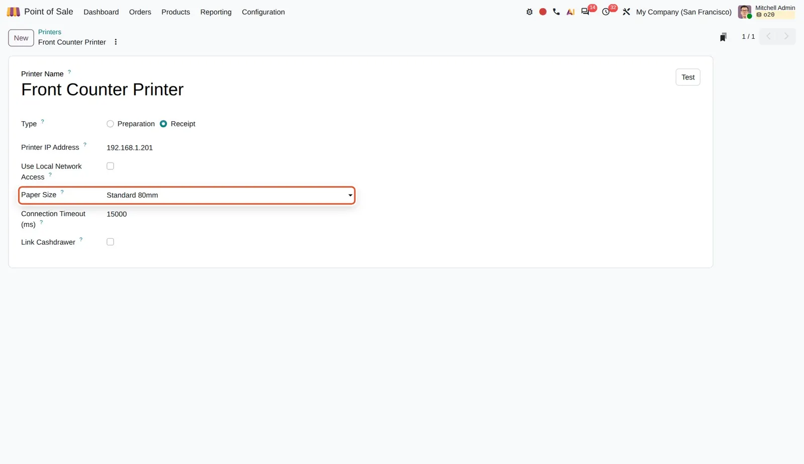 Odoo 20 Receipt printing: The Paper Size field on the printer form.