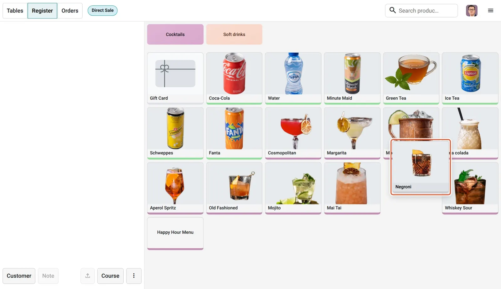Odoo 20 Reorganizing products in POS interface: The Negroni card being dragged to a new place in the product grid.