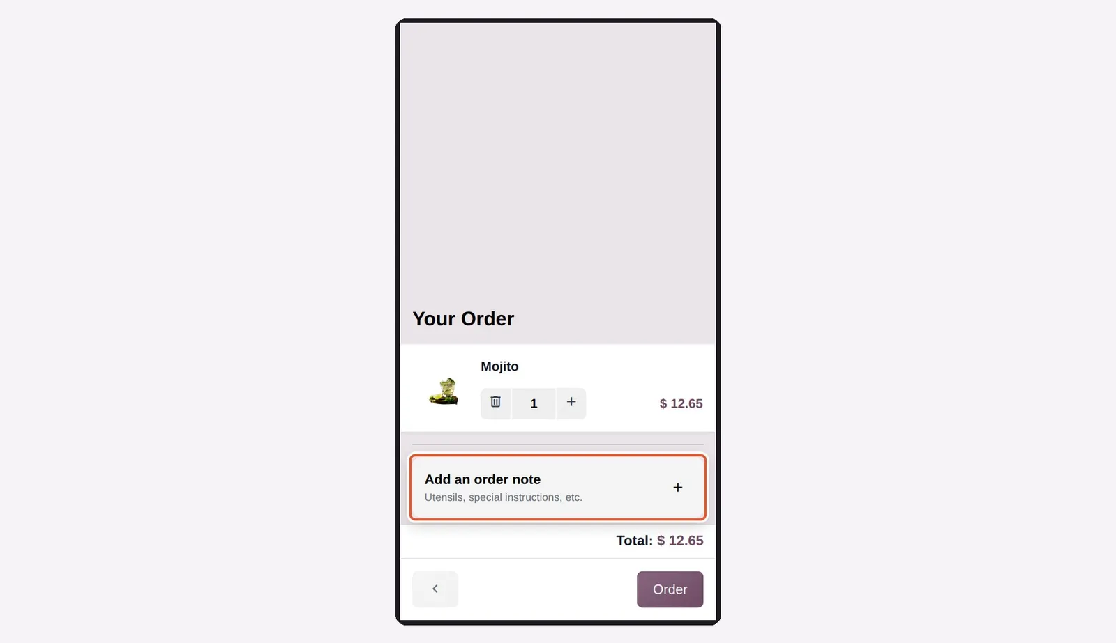Odoo 20 Self-ordering: "Add an order note" in the self-order cart.