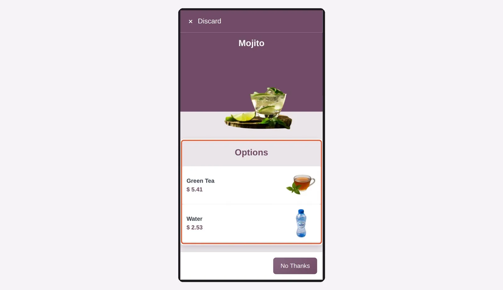 Odoo 20 Self-ordering: After choosing a Mojito, the new Options step proposes Green Tea and Water.