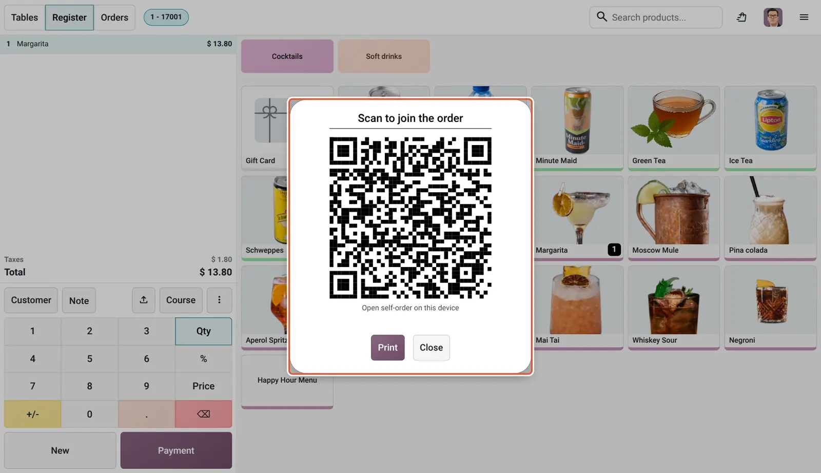 Odoo 20 Self-ordering: The order-specific QR code, with Print, that lets guests join this table order.