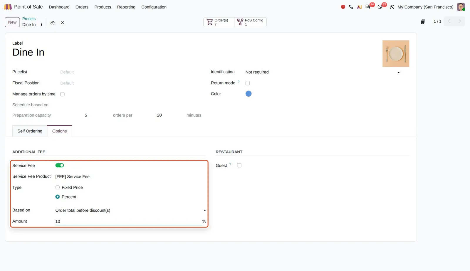 Odoo 20 Service fees: The new Service Fee settings on a preset (here 10 percent of the order total).