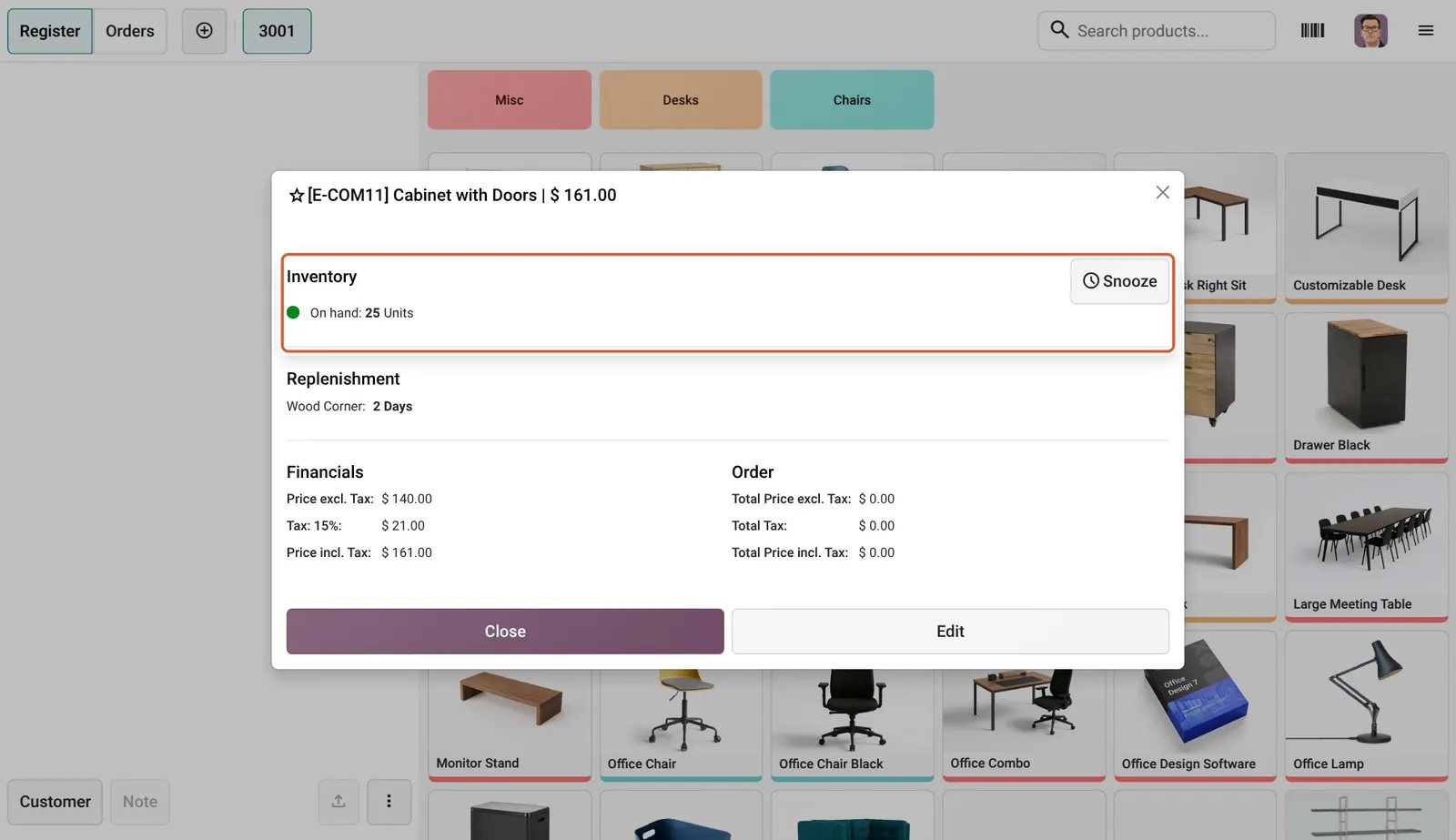 Odoo 20 Simplified inventory management: The product info popup still shows On hand: 25 Units, read straight from the product record with no Inventory app installed.