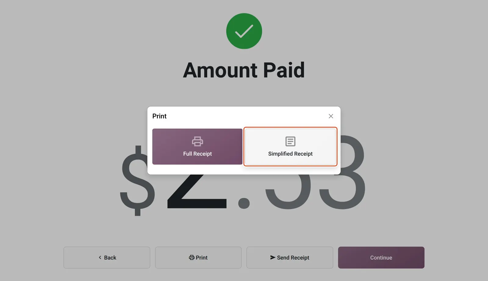 Odoo 20 Simplified receipts: The Print dialog with the new Simplified Receipt option.