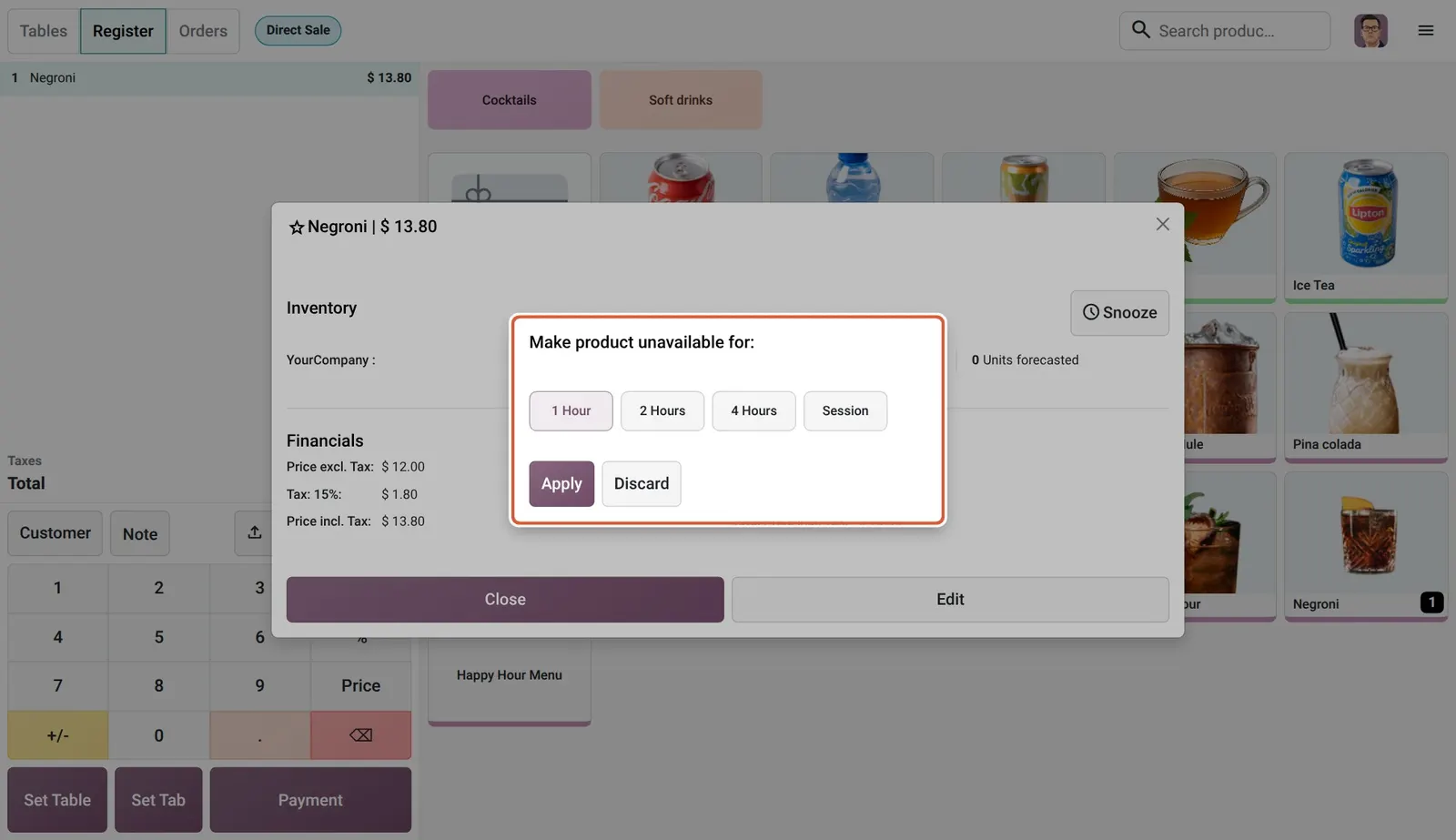 Odoo 20 Snooze products: The snooze dialog: make the product unavailable for 1, 2 or 4 hours or the session.