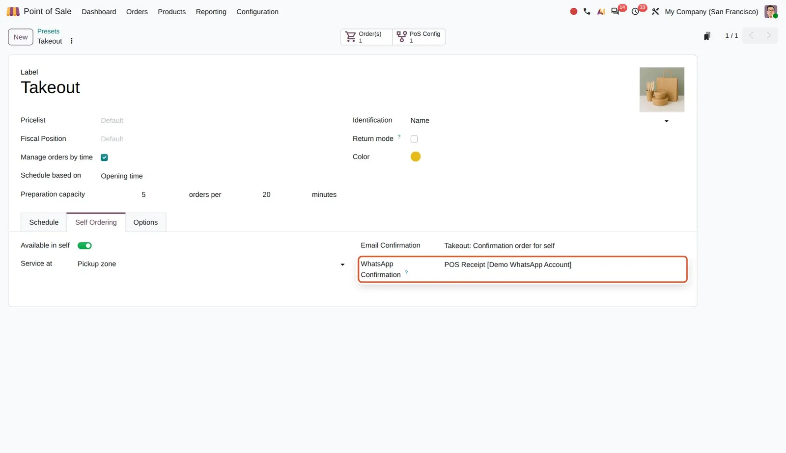 Odoo 20 WhatsApp and SMS self-order receipt: The WhatsApp Confirmation template used to send the self-order receipt.