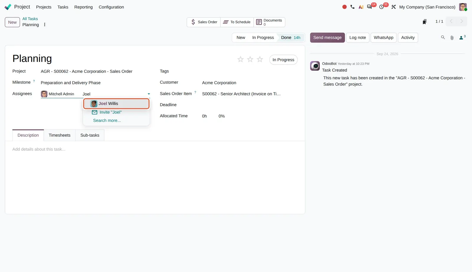 Odoo 20 Assign tasks to portal users: Joel Willis is a portal user with Edit access on this project, so he can be picked as an assignee.