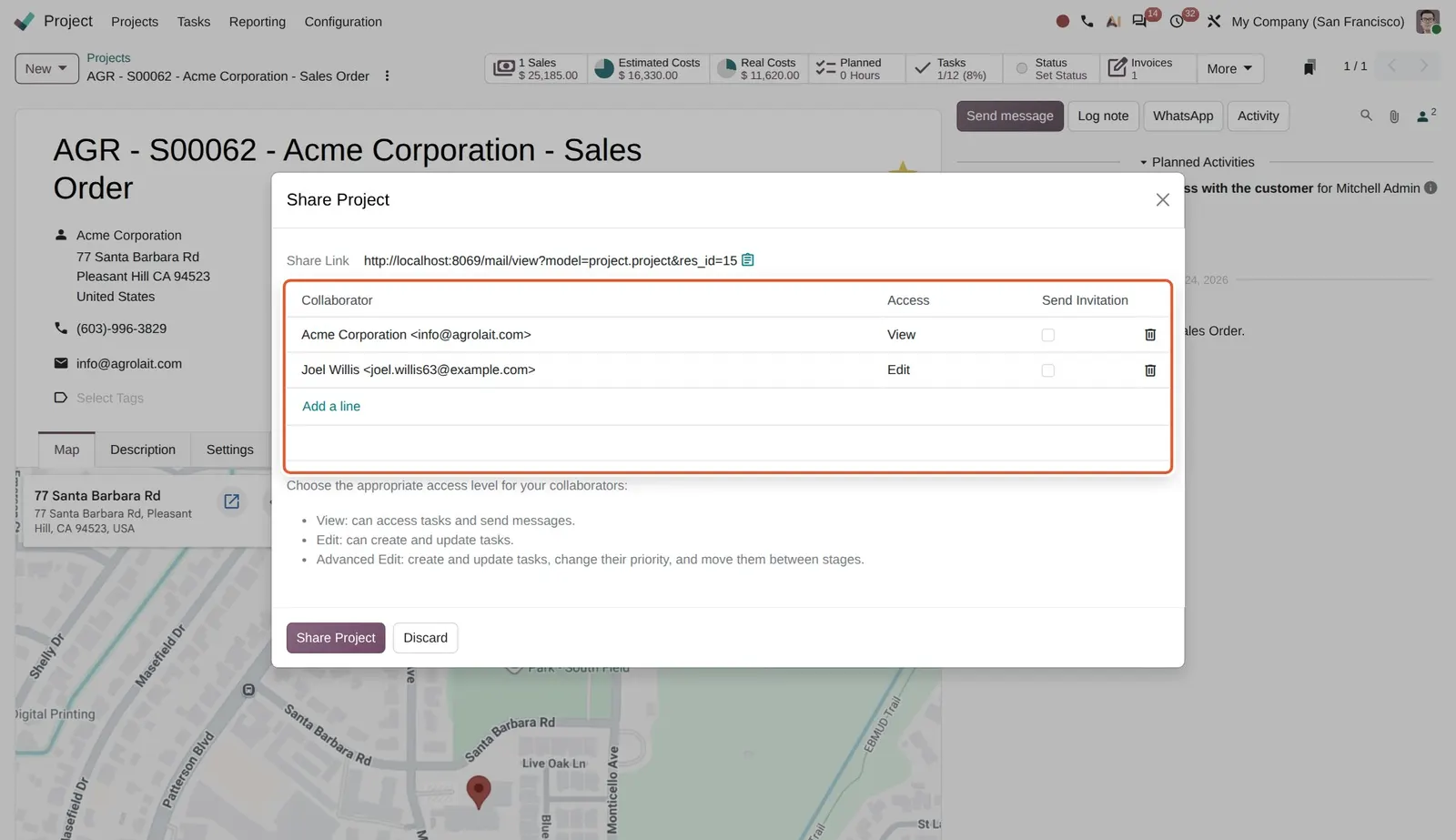 Odoo 20 Collaborators separated from followers: Collaborators are listed with their own access level, separate from the project followers.