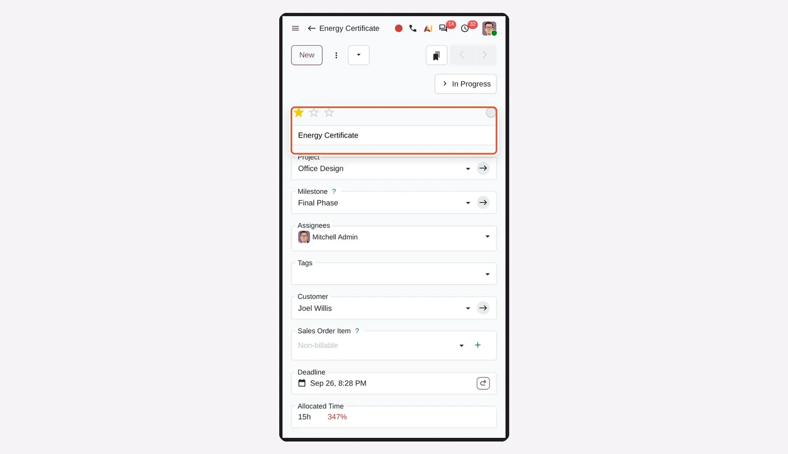 Odoo 20 Mobile: improved task header design: On mobile, priority and status are on their own row above the full-width task name.