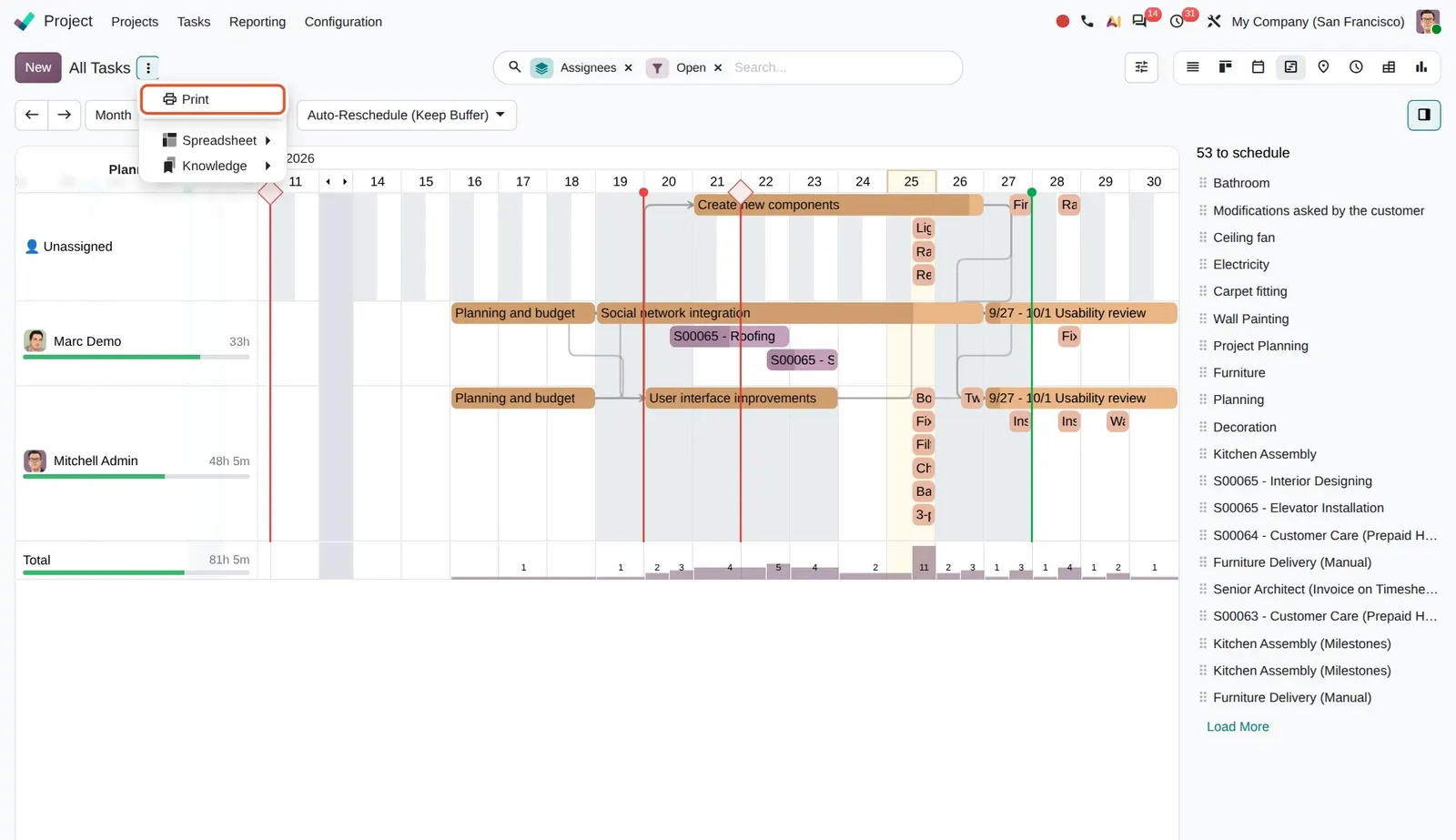Odoo 20 Printable task schedule: The new Print action in the Gantt view gear menu.