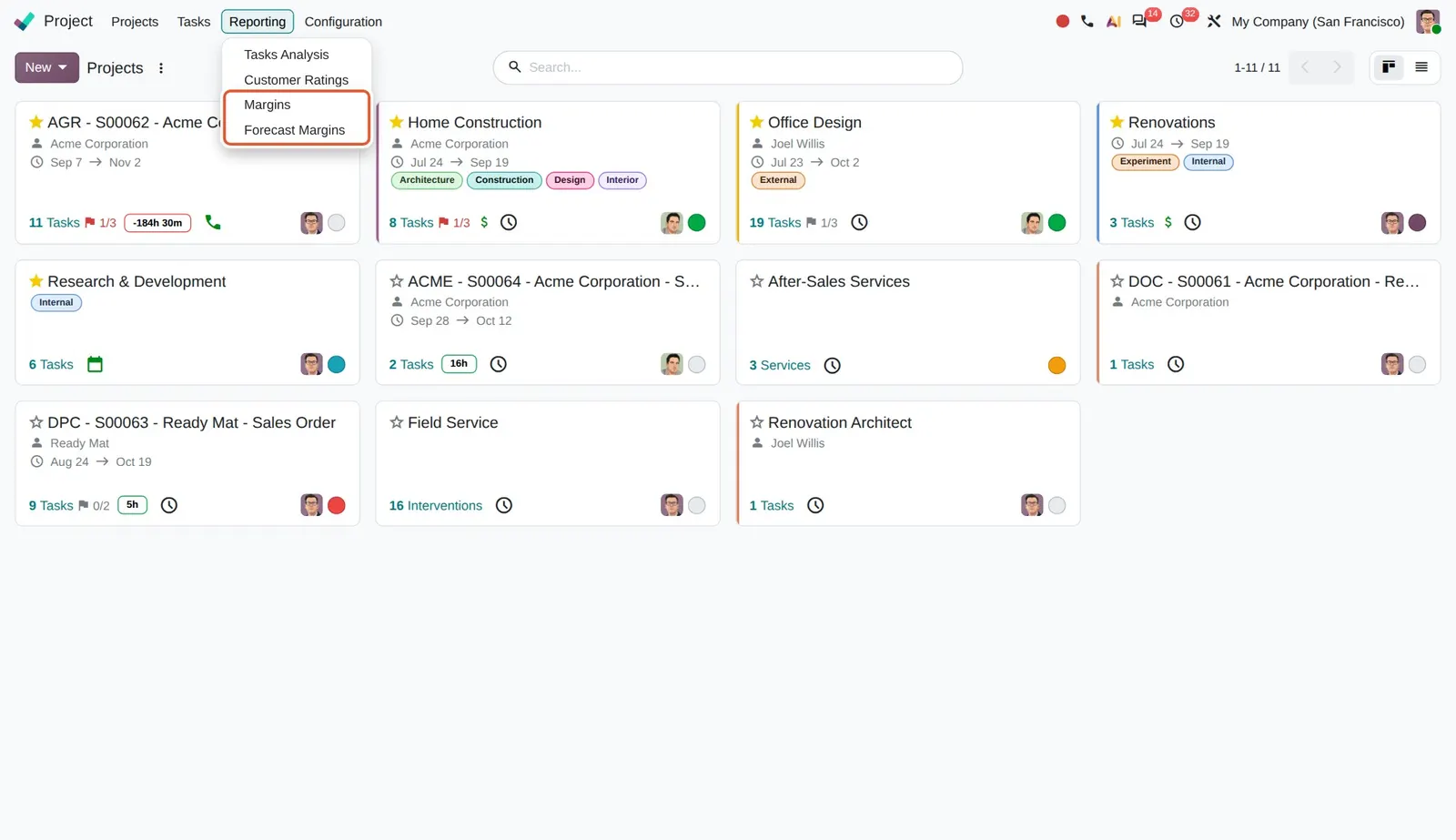 Odoo 20 Profitability report: The new Margins and Forecast Margins reports replace the old profitability panel.