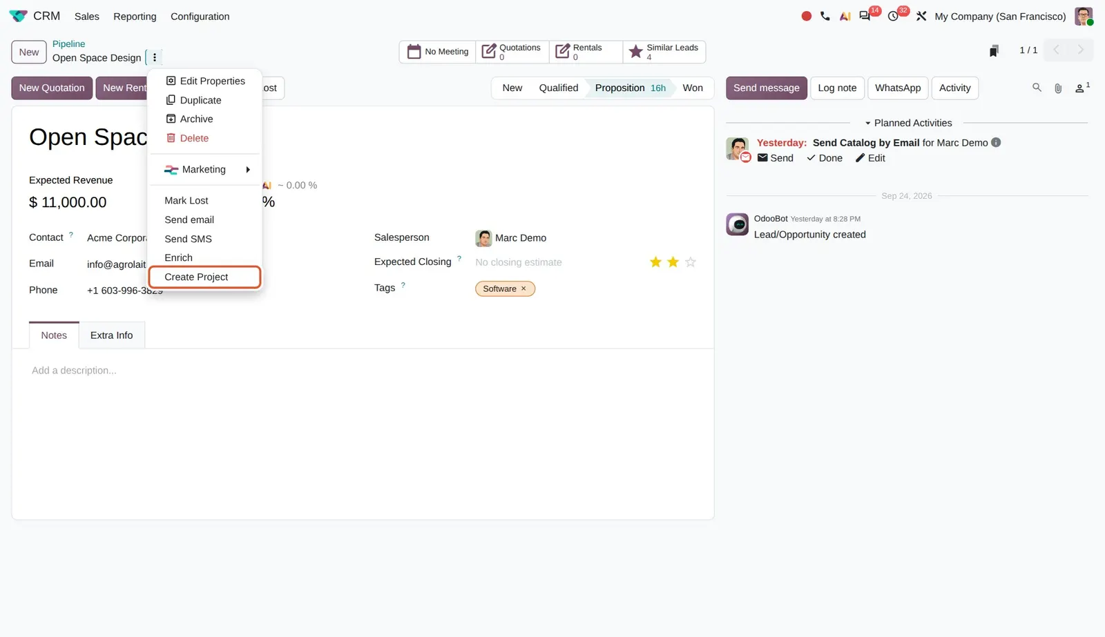 Odoo 20 Projects from opportunities: Create Project in the opportunity action menu (needs Project Administrator rights).