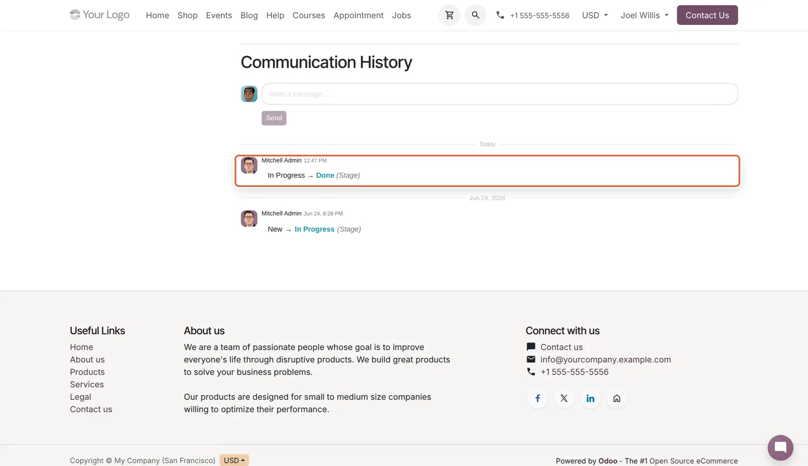 Odoo 20 Task tracking in user portal: The stage change is now listed in the task's Communication History on the portal.