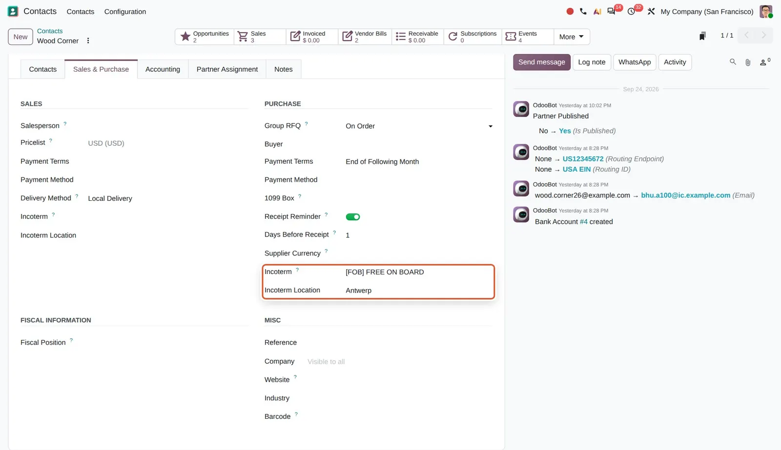 Odoo 20 Default Incoterm per vendor: The new vendor Incoterm and Incoterm Location fields in the Purchase section (values set for this demo).