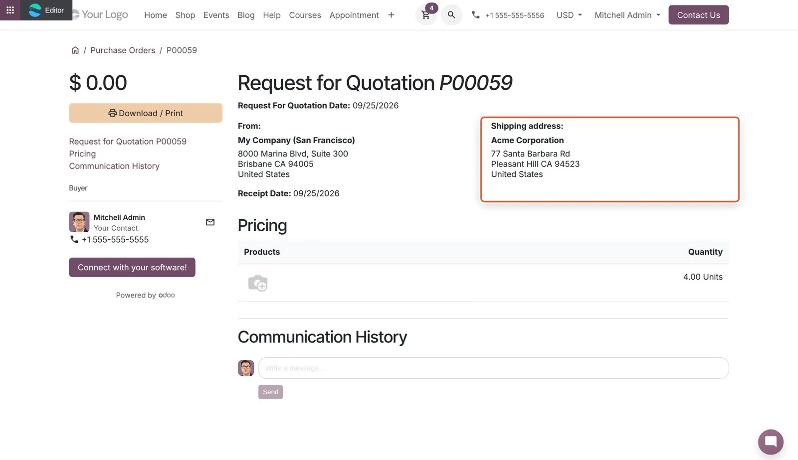 Odoo 20 End-customer address in portal: The customer's shipping address is now printed on the portal purchase order.