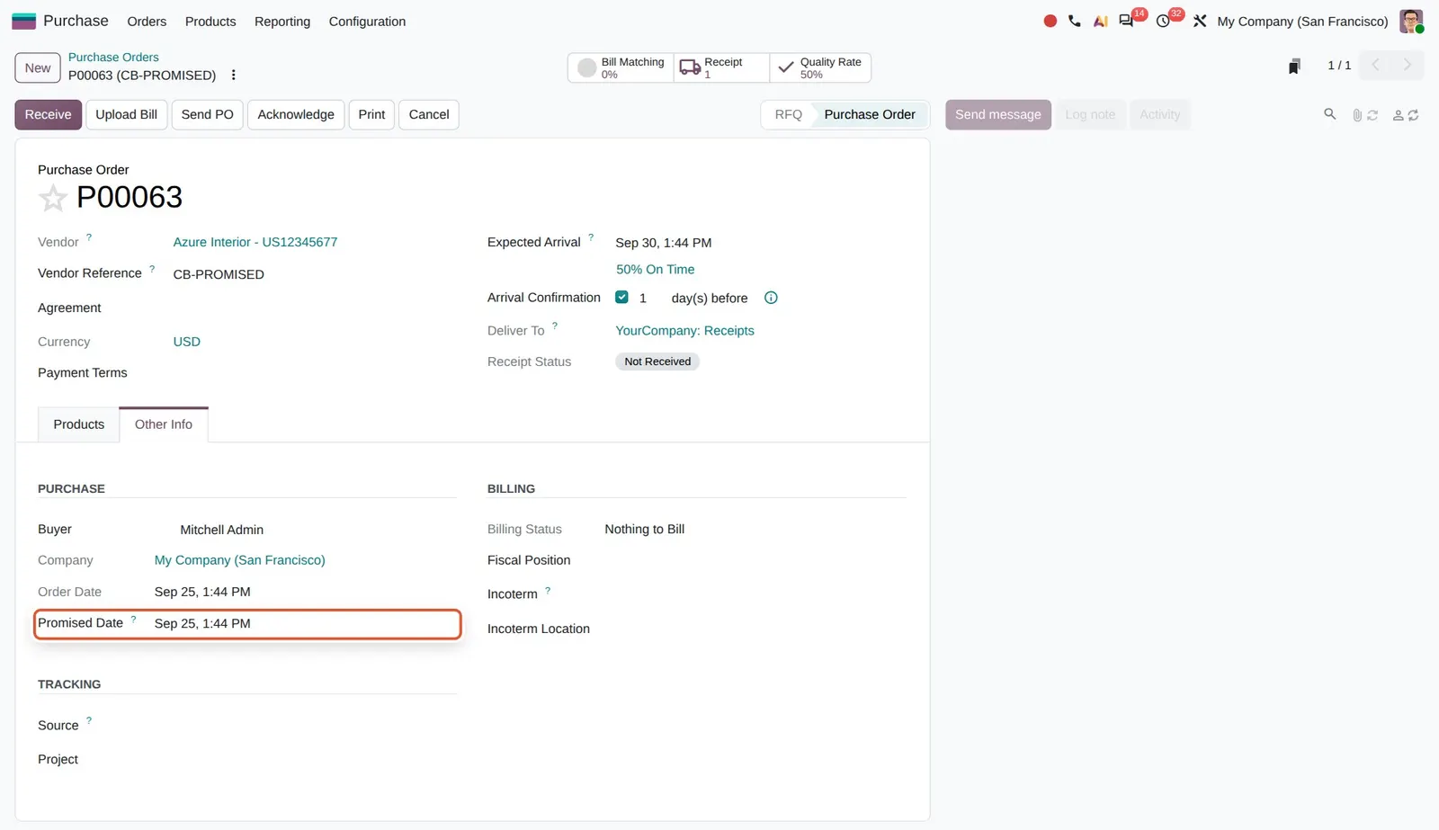 Odoo 20 Expected arrival date: Expected Arrival was moved to Sep 30, while the Promised Date keeps the original Sep 25.