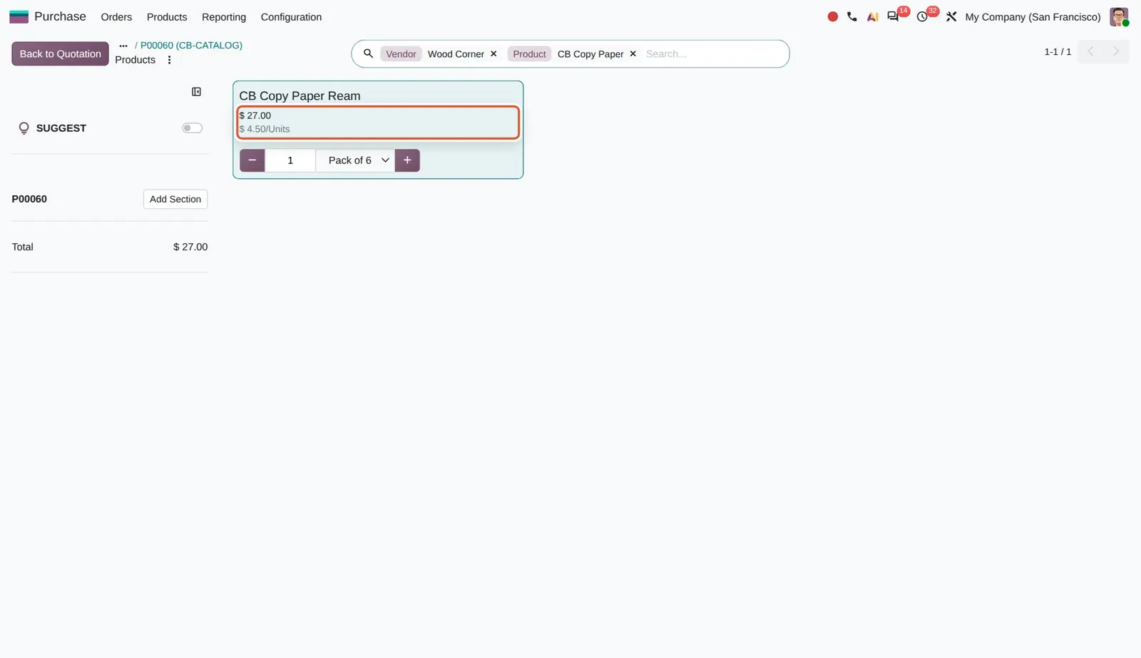 Odoo 20 Product unit cost versus purchase unit cost: $27.00 per Pack of 6, and below it the cost per product unit ($4.50/Units). Demo product created for this shot.