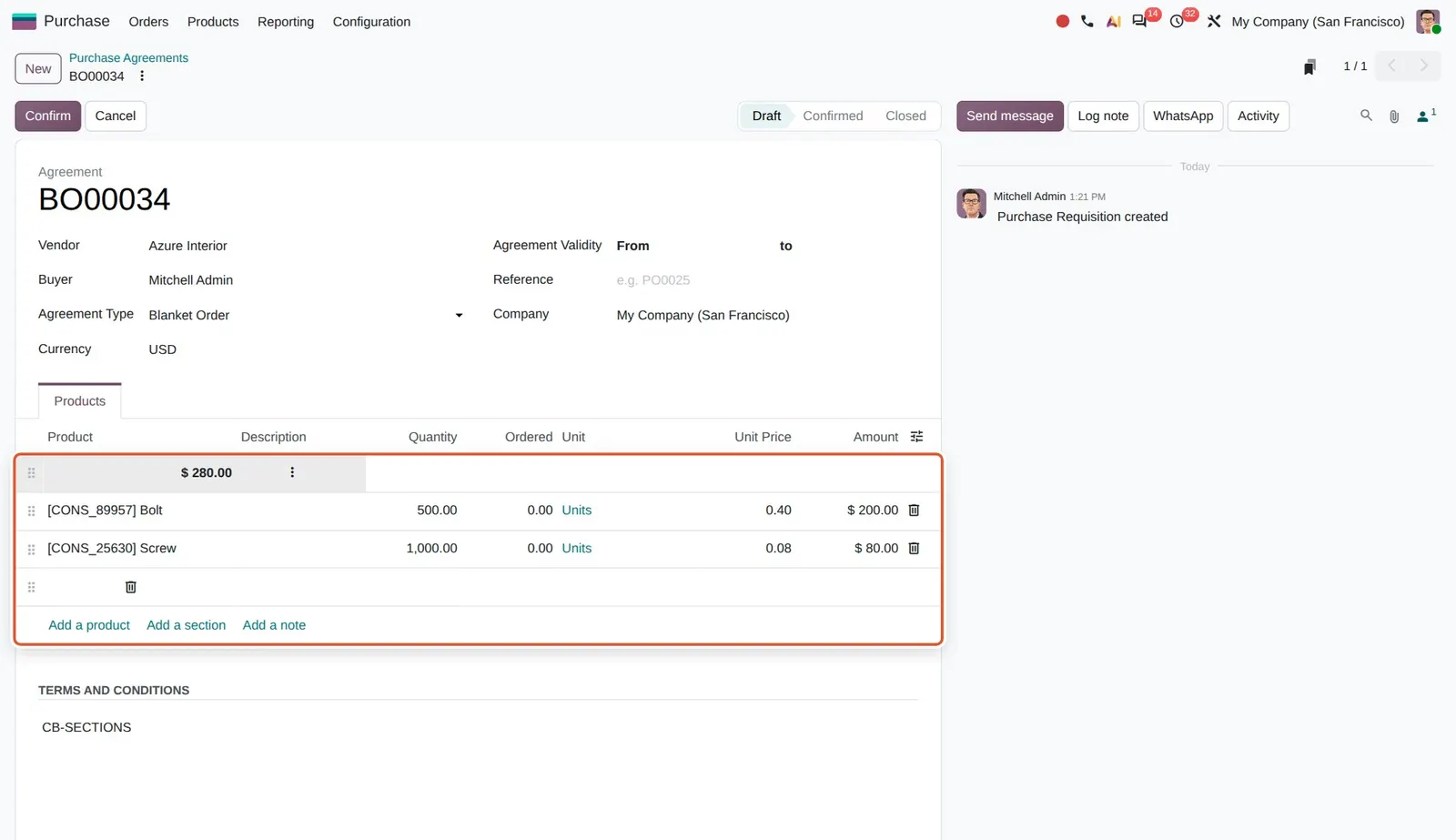 Odoo 20 Purchase agreement structure: A section line (with its $280.00 total) and a note line in a blanket order, with the new Add a section and Add a note links.