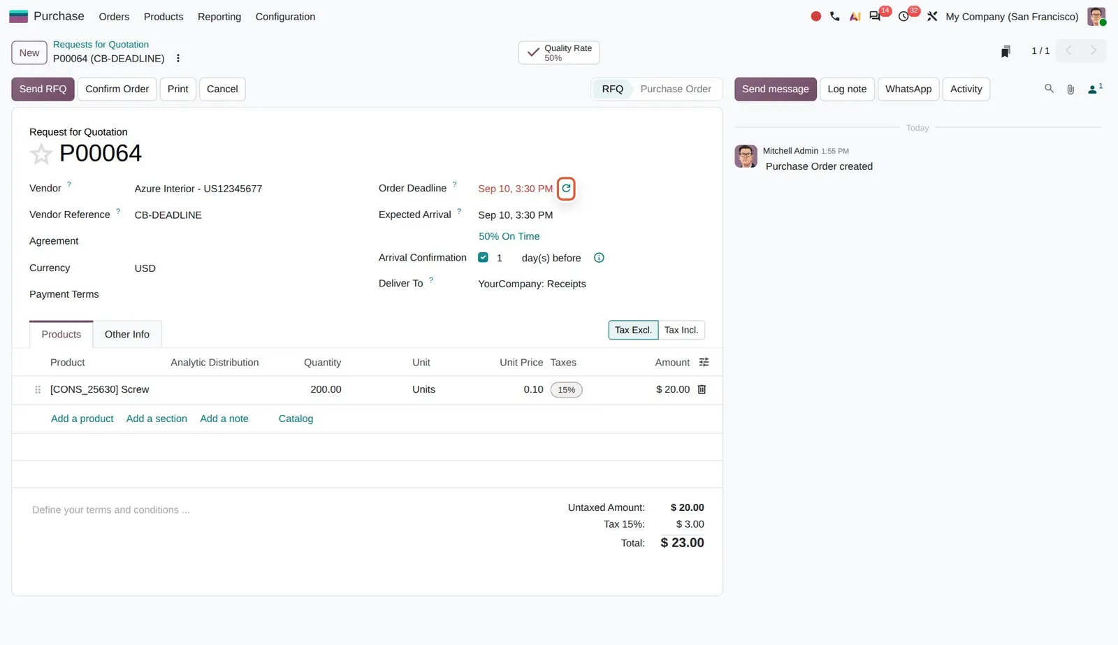 Odoo 20 Recompute Expected Arrival when deadline is in the past: The refresh button next to the overdue Order Deadline recomputes the expected arrival.