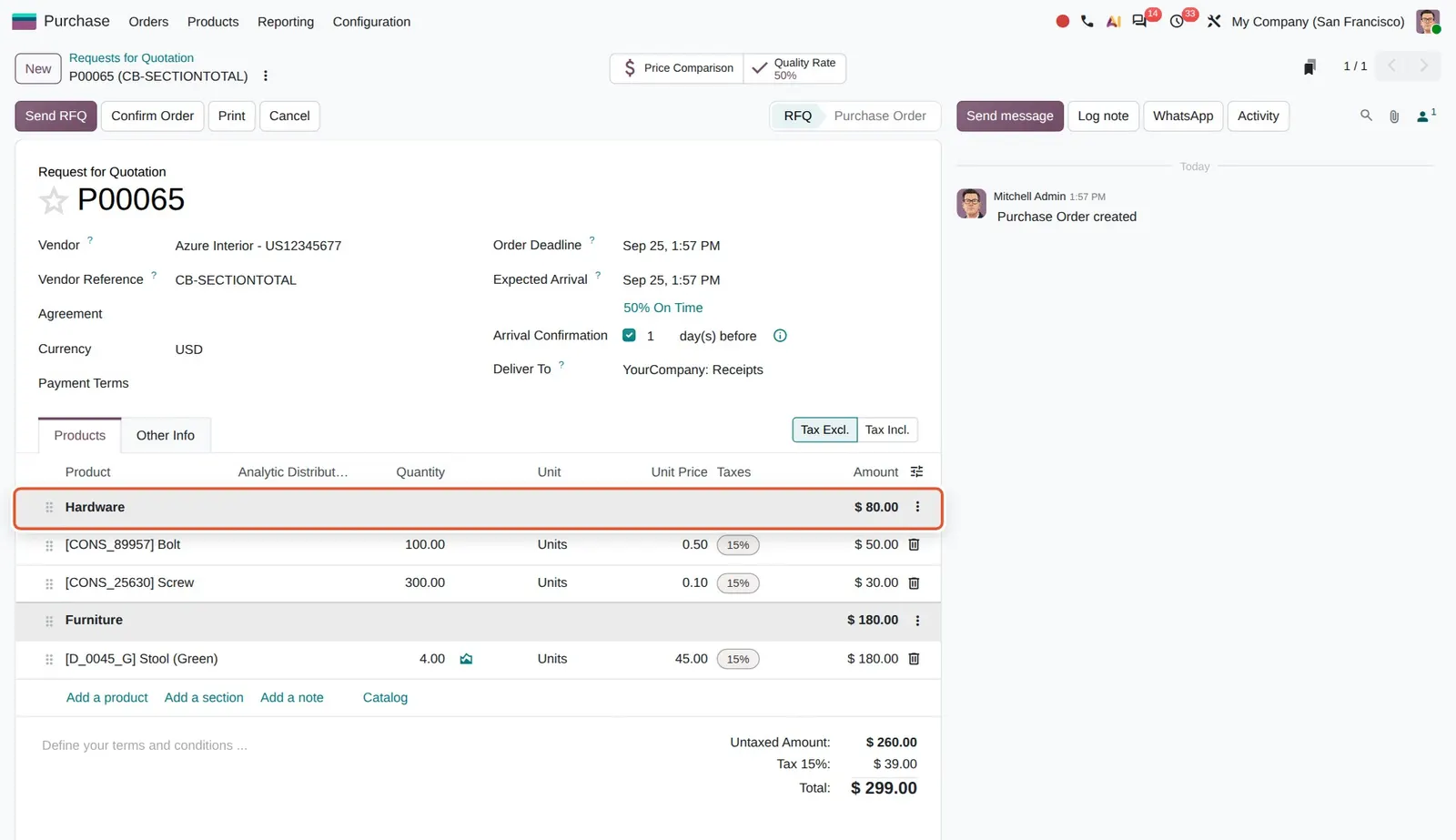 Odoo 20 Total amounts on purchase order sections: The Hardware section shows $80.00, the sum of its two lines.