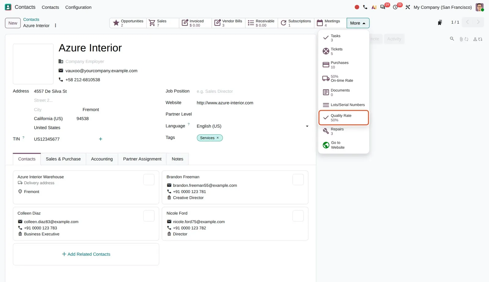 Odoo 20 Vendor quality rate: Quality Rate on the vendor: 50% of its receipt checks passed.