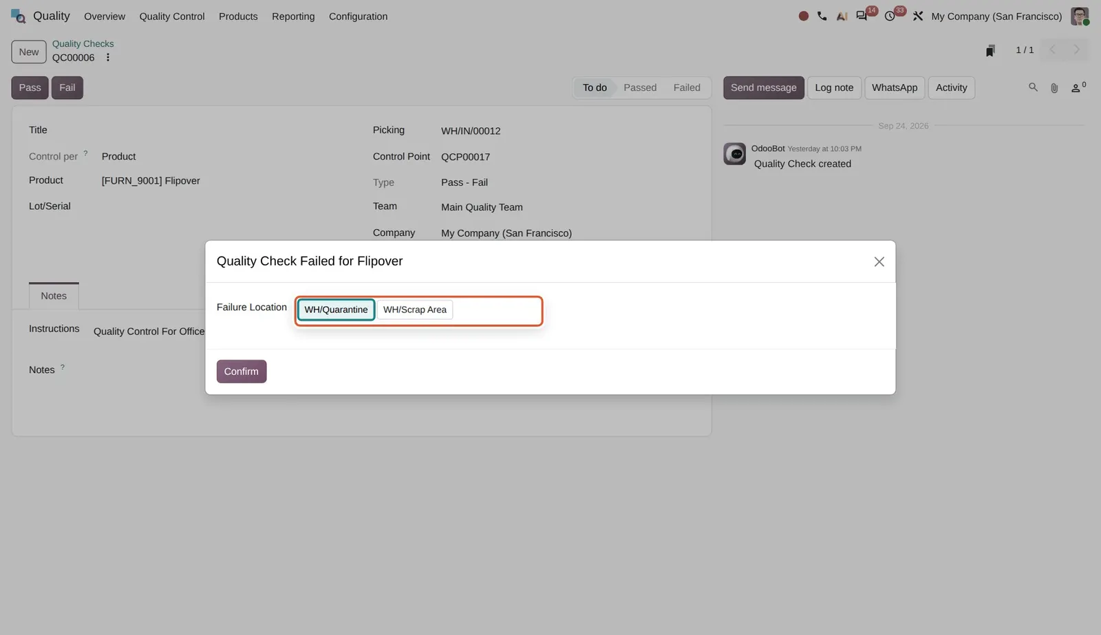 Odoo 20 Failure location: The failure dialog opened from the check form, with the Failure Location choice (Quarantine or Scrap Area).