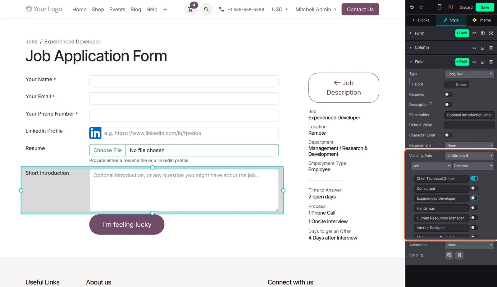 Odoo 20 Job form visibility conditions: Visible only if Job Contains, followed by the list of job positions with a toggle each. The change was not saved.
