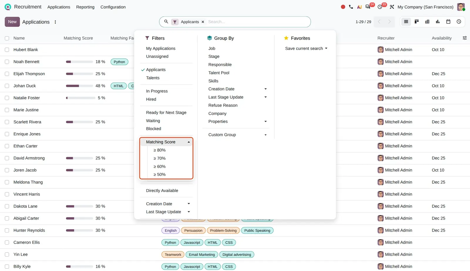 Odoo 20 Matching score filter: The new Matching Score filter group with its four thresholds.