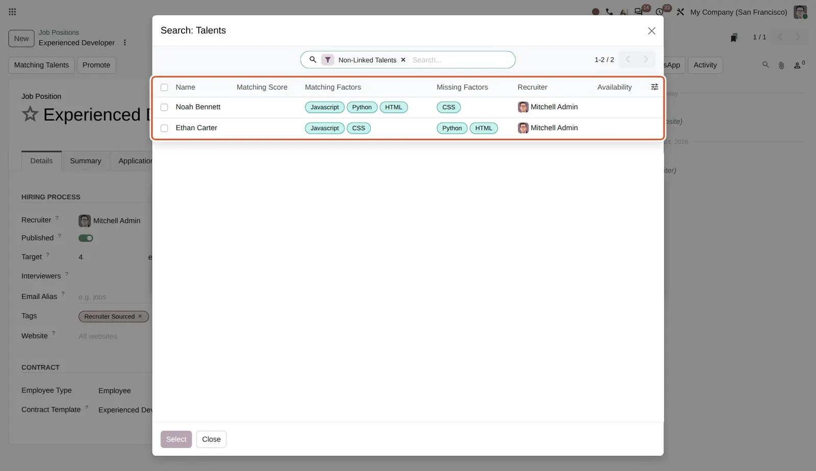 Odoo 20 View talents from job position: Talents for the Experienced Developer job with their matching and missing skills. Skills were added to the demo talents for this shot.