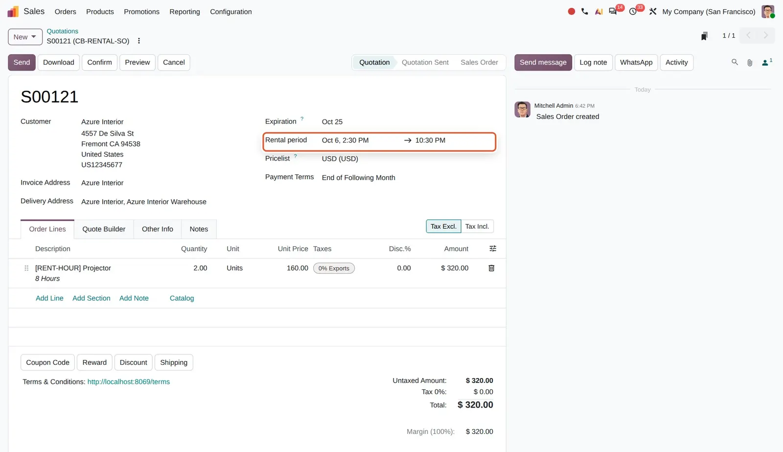 Odoo 20 Rental order creation: The Rental period field shown on a quotation opened from the Sales app because it contains a rental product. Demo order created for this shot.