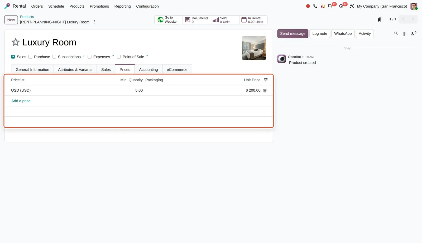 Odoo 20 Simplified and unified pricelists: The Prices tab of a rental product lists standard pricelist rules (here a rule at 200.00 from 5 nights on the USD pricelist).