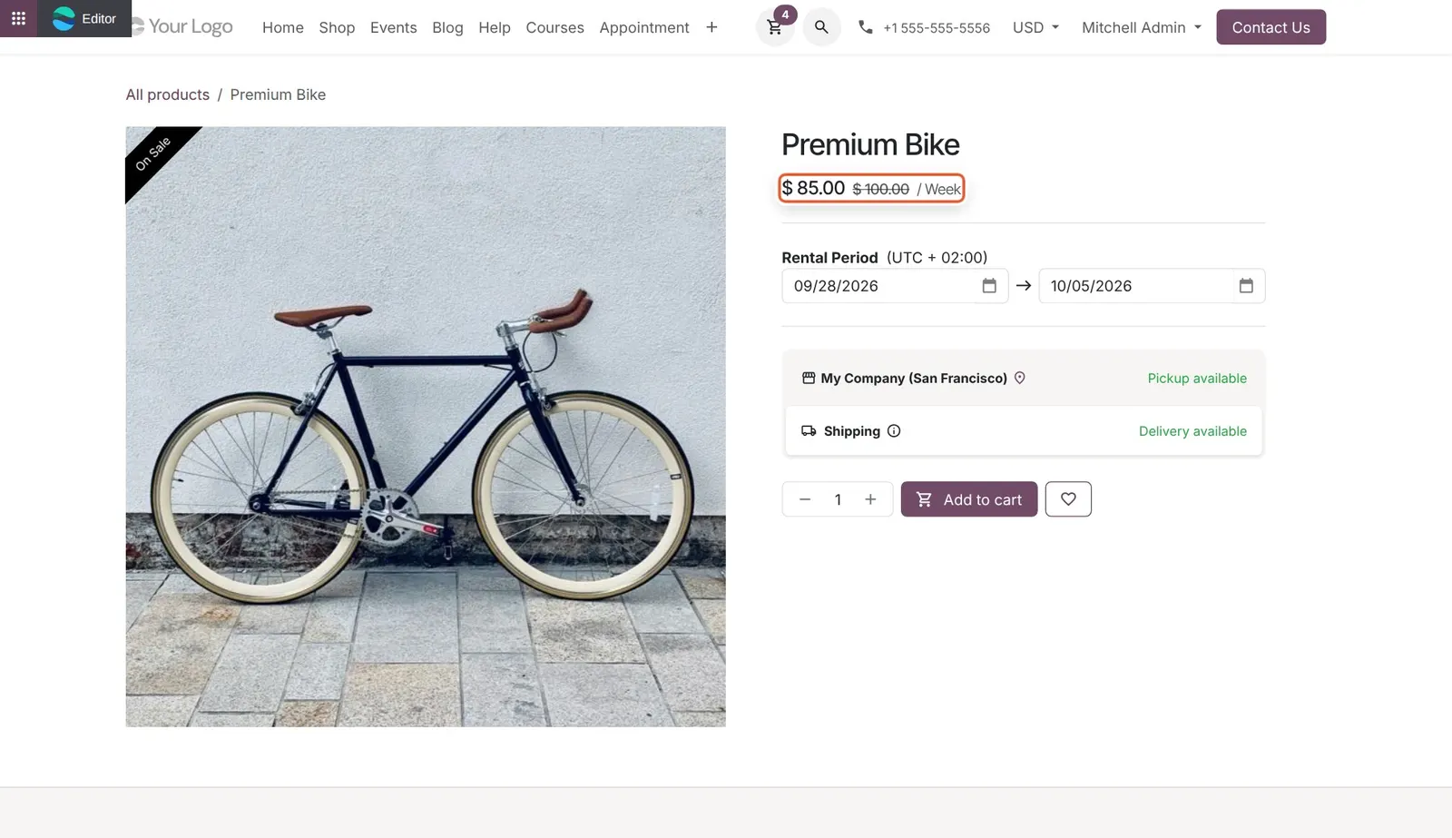 Odoo 20 Strikethrough pricing: The weekly price shows the original 100.00 crossed out next to the discounted price. A 15% discount rule was added to the demo product for this shot.
