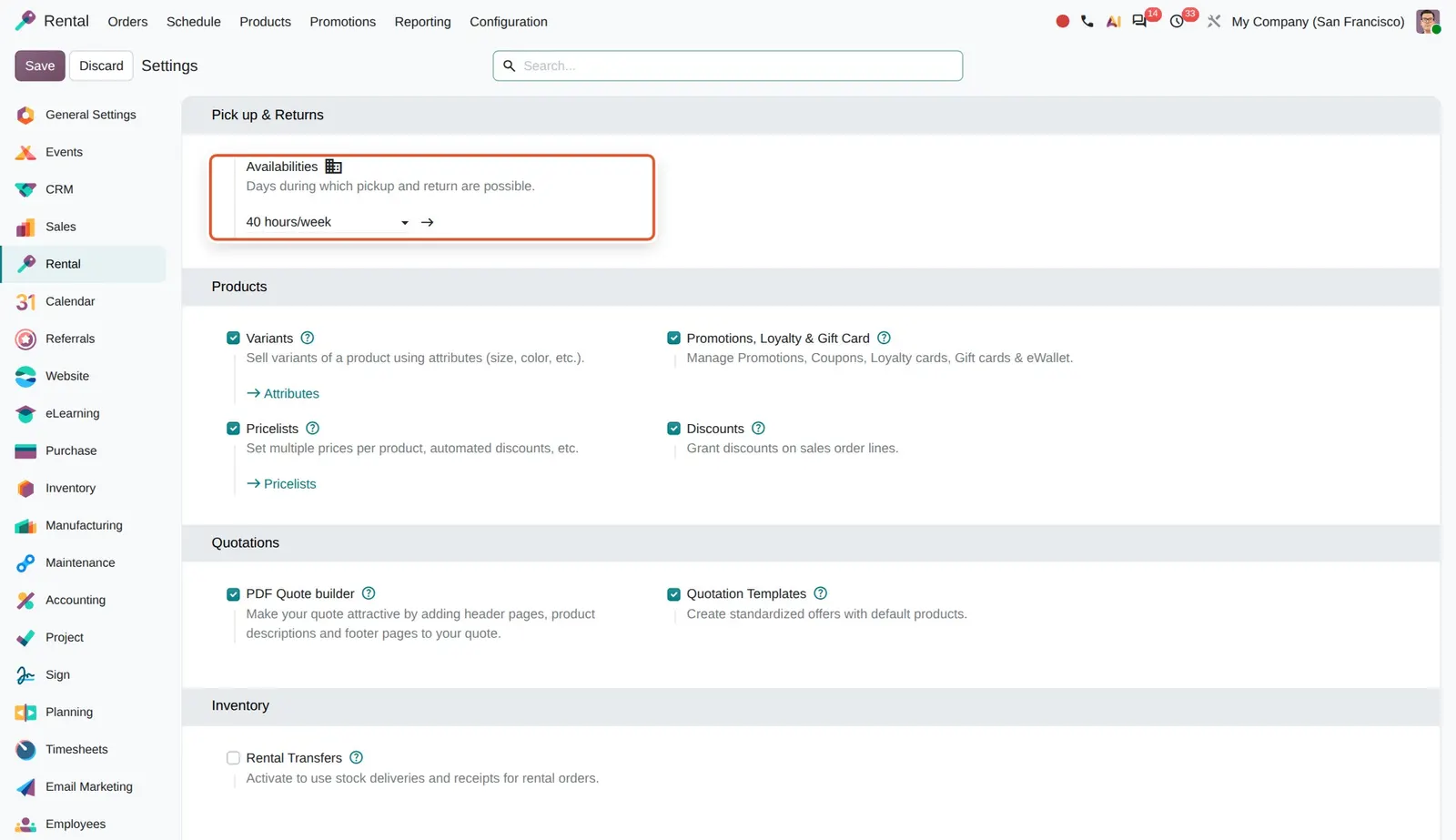 Odoo 20 Working schedules: The Availabilities setting now takes a working schedule.