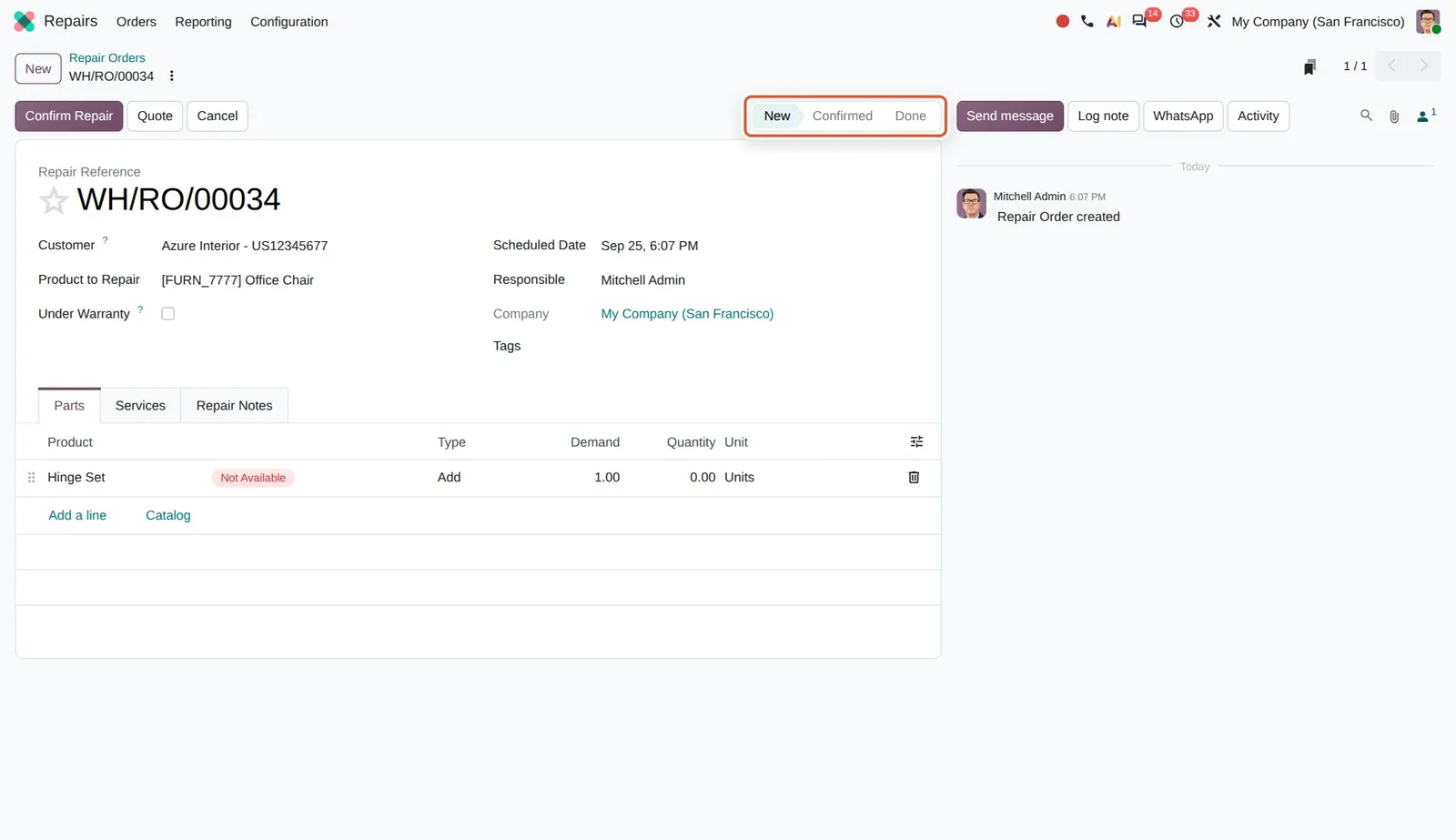 Odoo 20 Repair order status: The status bar of a repair order shows New, Confirmed and Done only; Under Repair no longer exists.