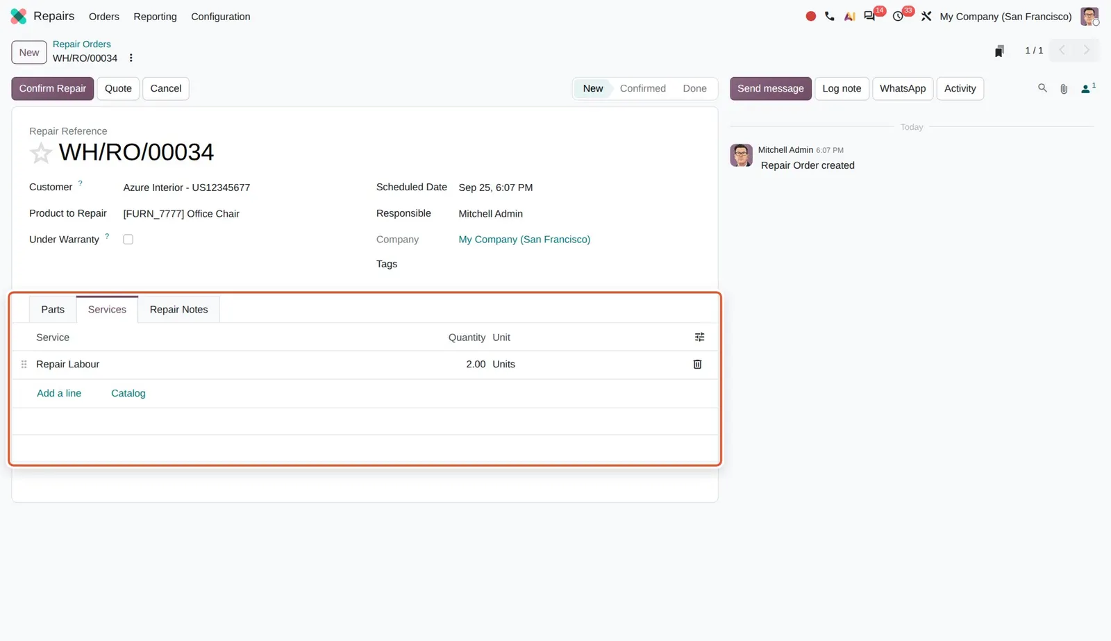 Odoo 20 Repair-related services: The new Services tab with a Repair Labour line (2 units) and the Catalog button.