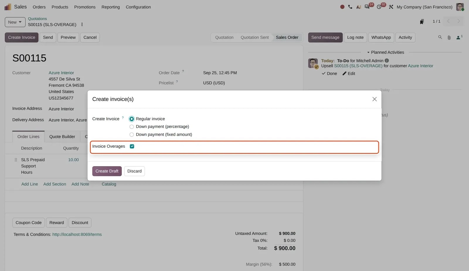 Odoo 20 Charge overages: 10 hours were sold and 12 delivered. The invoicing wizard offers the new "Invoice Overages" checkbox.