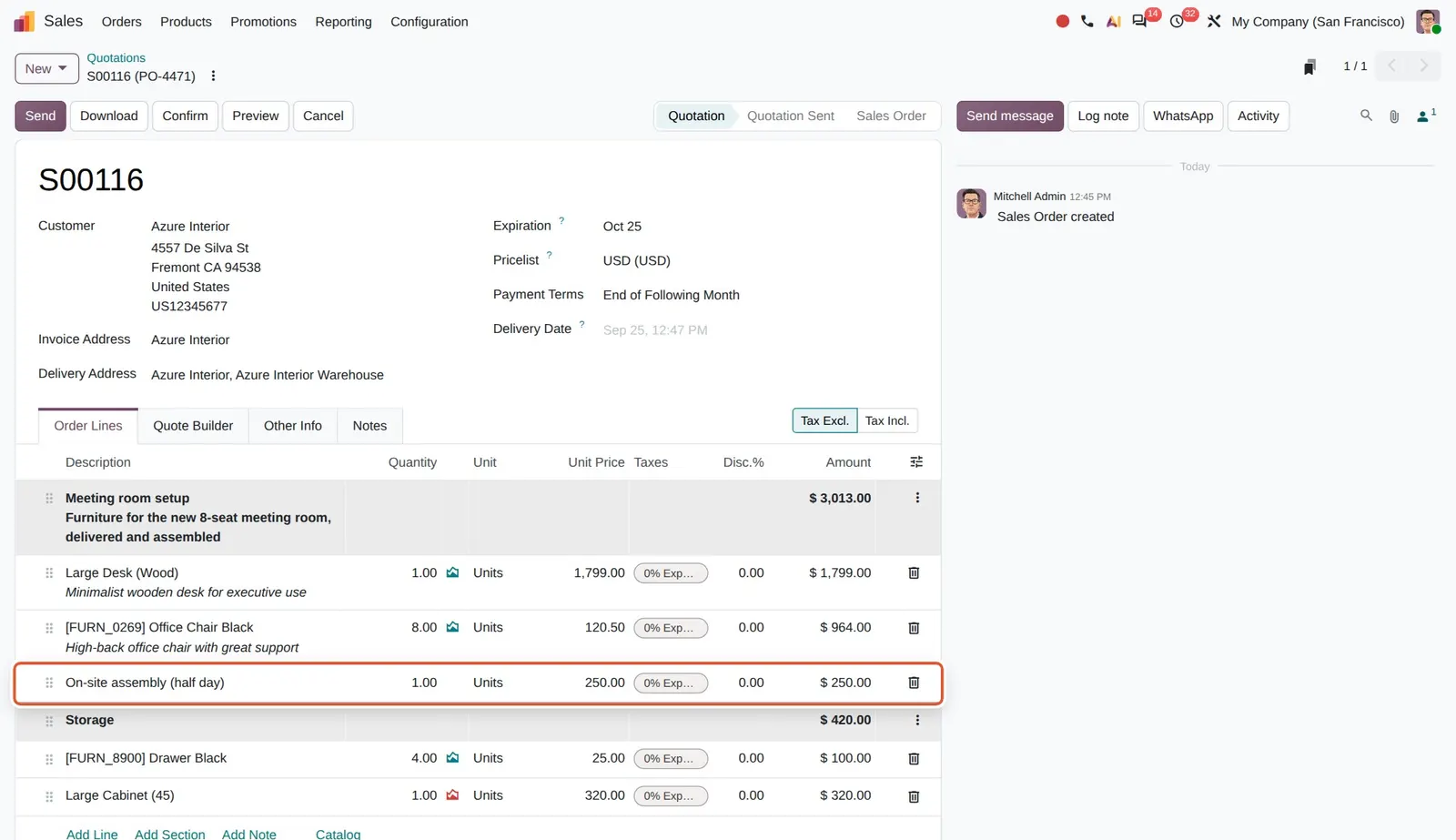 Odoo 20 Description-only sales order lines: "On-site assembly (half day)" is a line with only a description, quantity and price, no product.