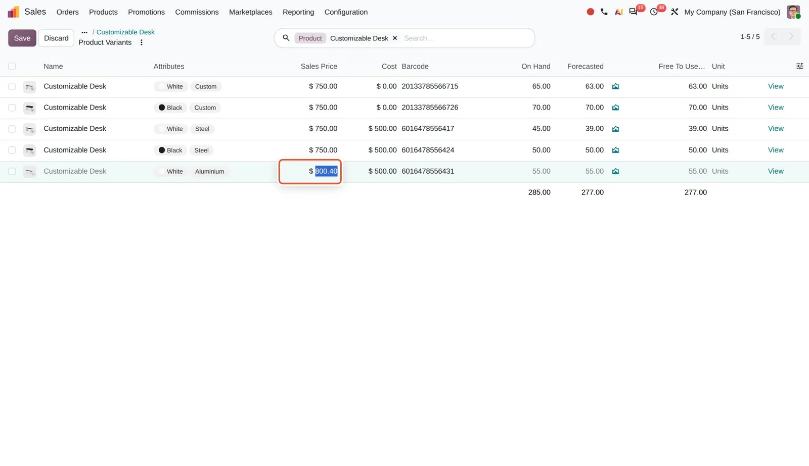 Odoo 20 Editable product variant price: The Sales Price cell of the Aluminium variant is open for editing in the variants list.