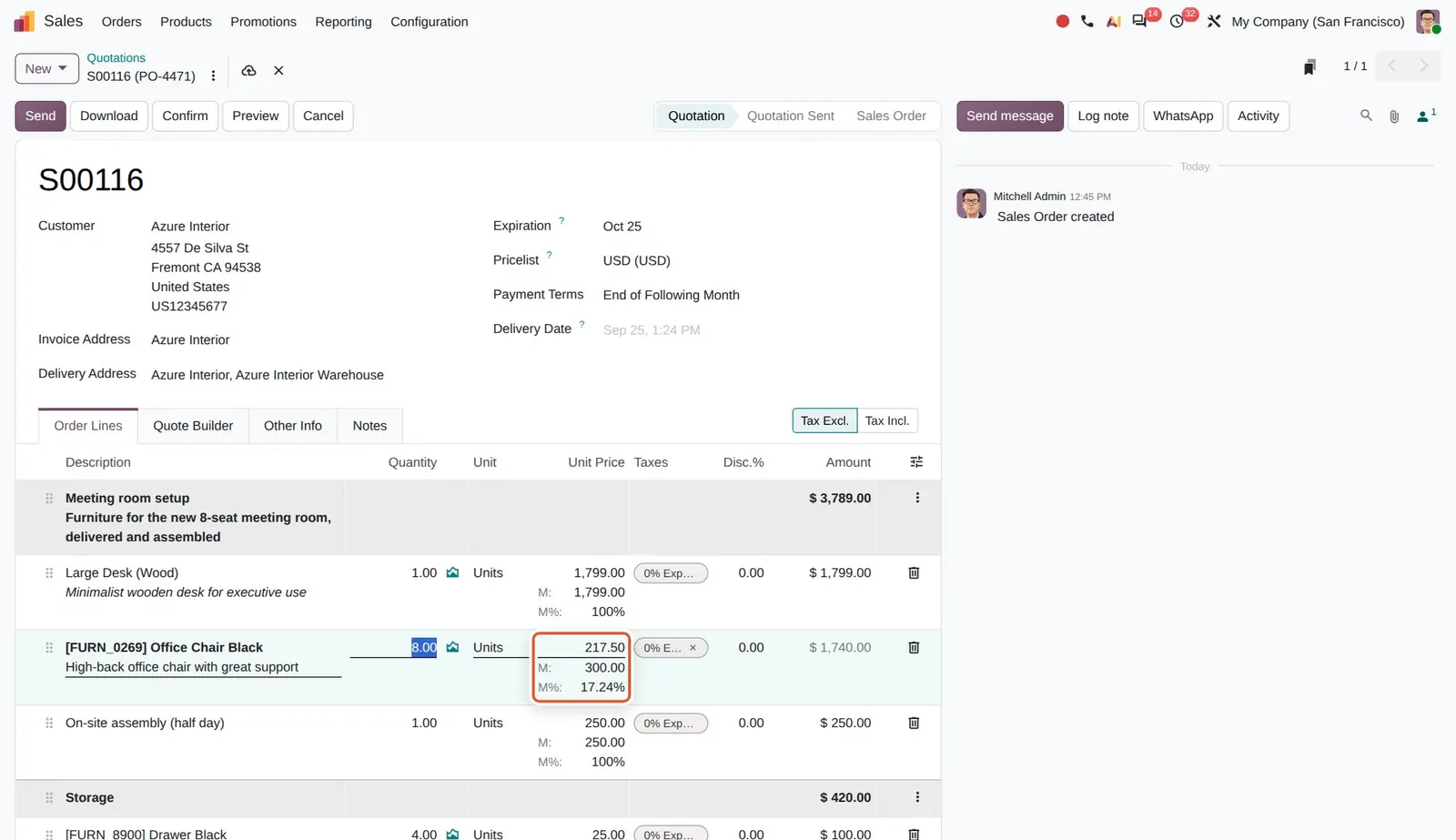 Odoo 20 Editable margins: Margin set to 300 on the chair line: the unit price was recomputed to 217.50 and Margin (%) to 17.24%.