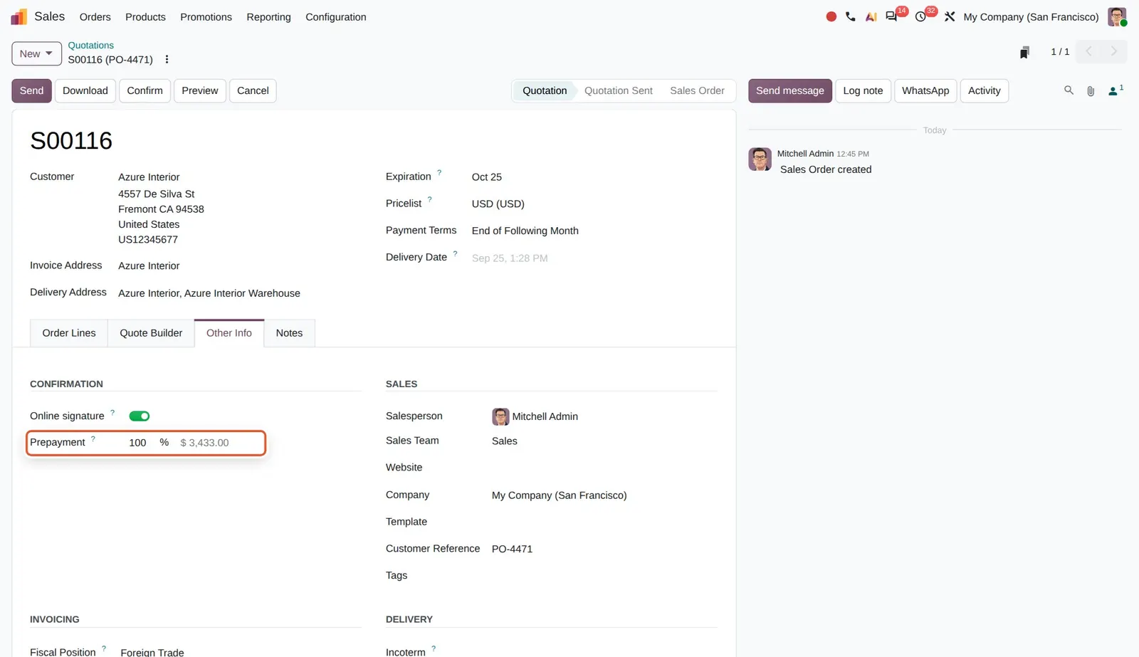 Odoo 20 Fixed prepayment amounts: The Prepayment line shows the percentage and, next to it, the editable amount.