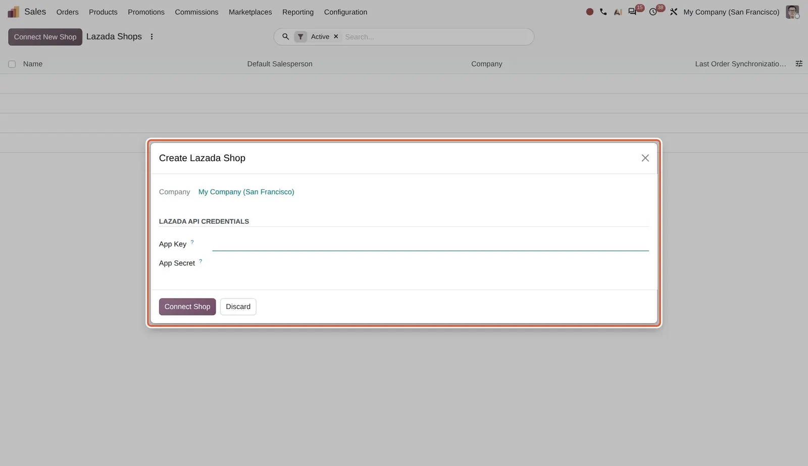 Odoo 20 Lazada: The Create Lazada Shop dialog, asking for the Lazada API Credentials (App Key and App Secret).