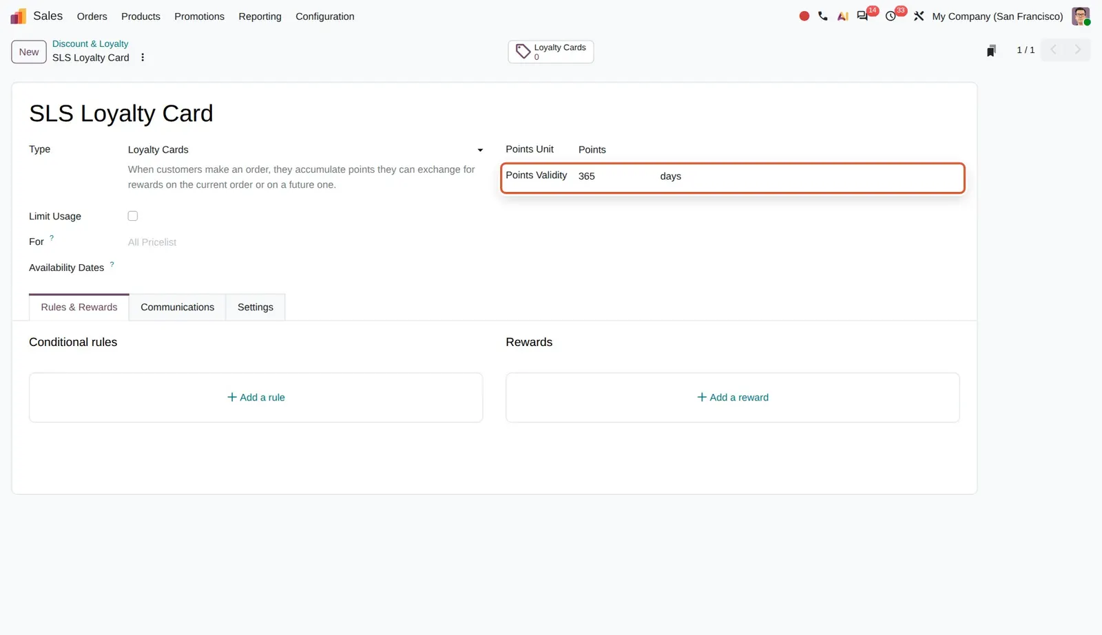 Odoo 20 Loyalty point expiration: Points Validity set to 365 days on a loyalty card program.