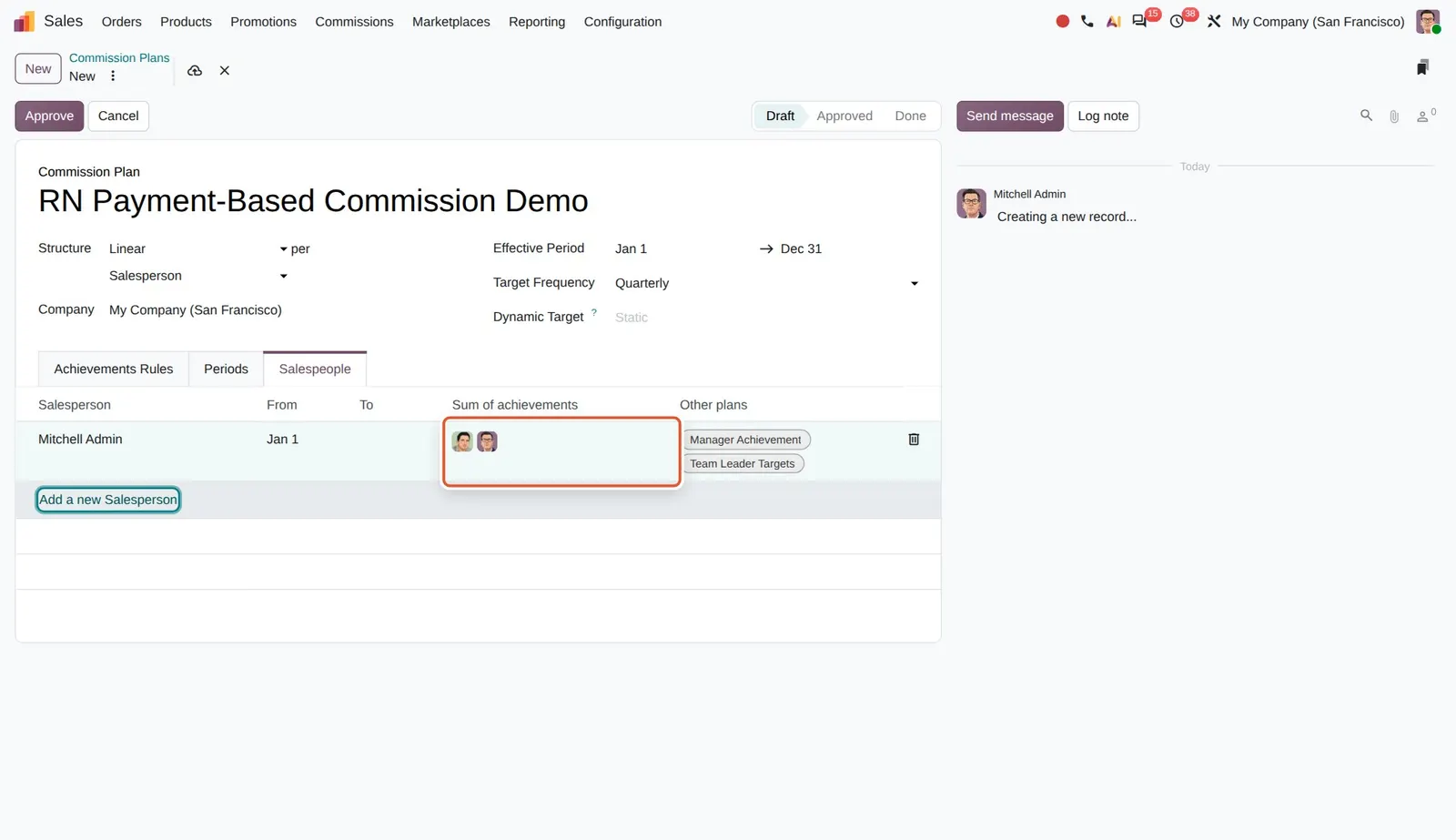 Odoo 20 Manager commissions: The Sum of achievements column on a salesperson's row, listing the other salespeople whose results roll up into it.