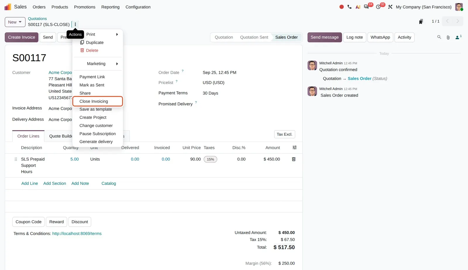 Odoo 20 Mark orders as fully invoiced: The new "Close Invoicing" entry in the order's Actions menu.
