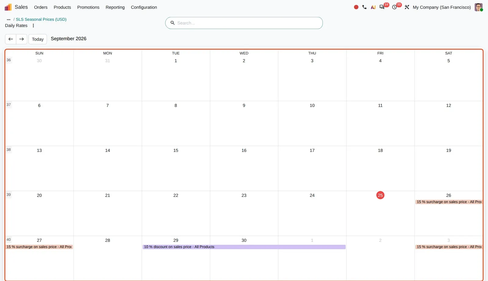 Odoo 20 Periodic pricing: The Daily Rates calendar shows the pricelist's dated rules (weekend surcharges and a weekday discount) day by day.