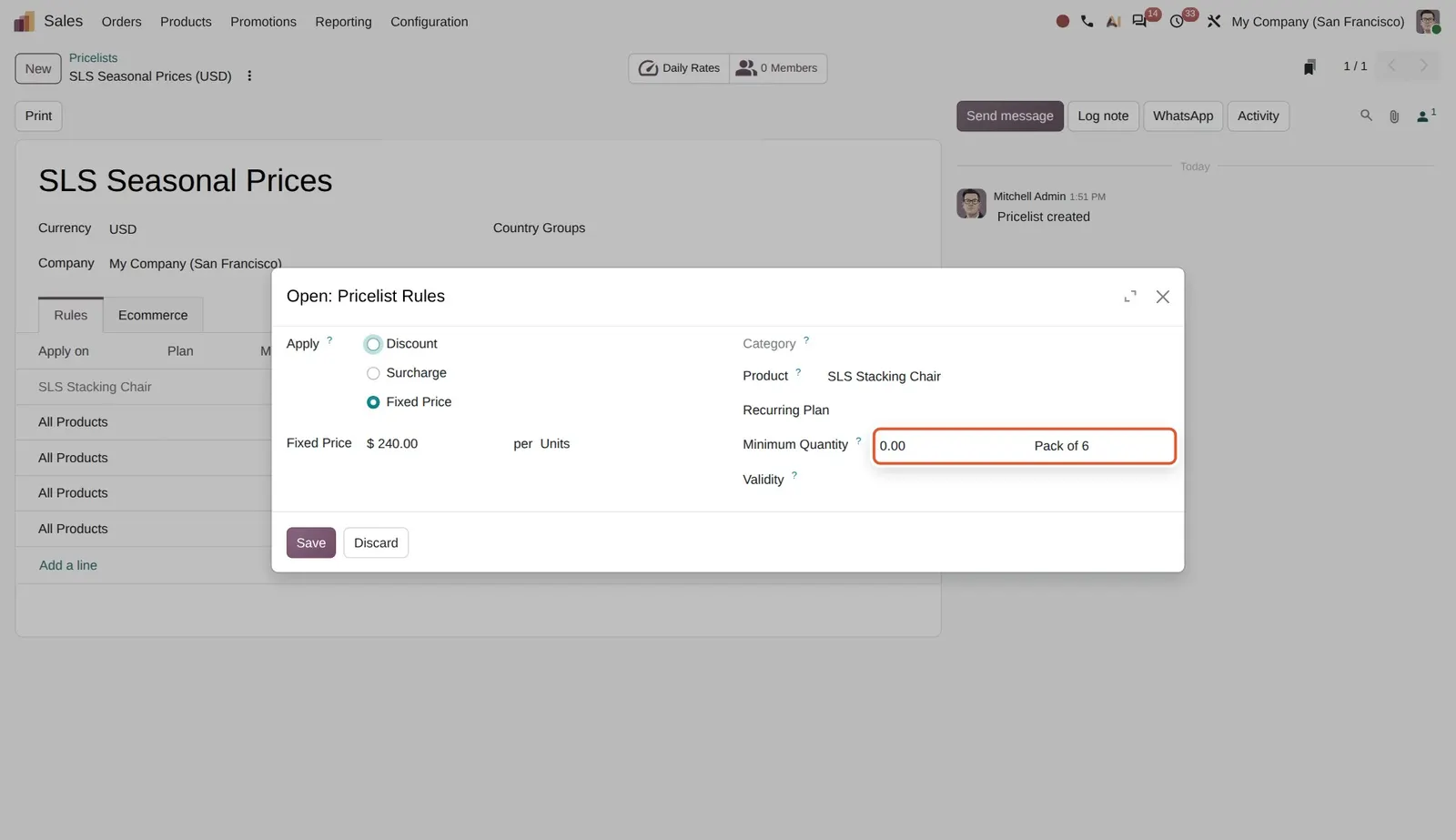 Odoo 20 Price rules per packaging type: The rule applies from a minimum quantity in the "Pack of 6" packaging.