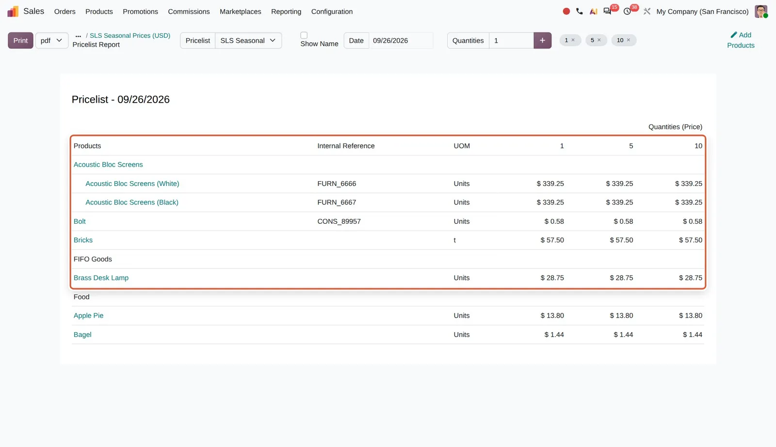 Odoo 20 Pricelist report improvements: The report with the new Date field, products grouped under their category and the Internal Reference column.
