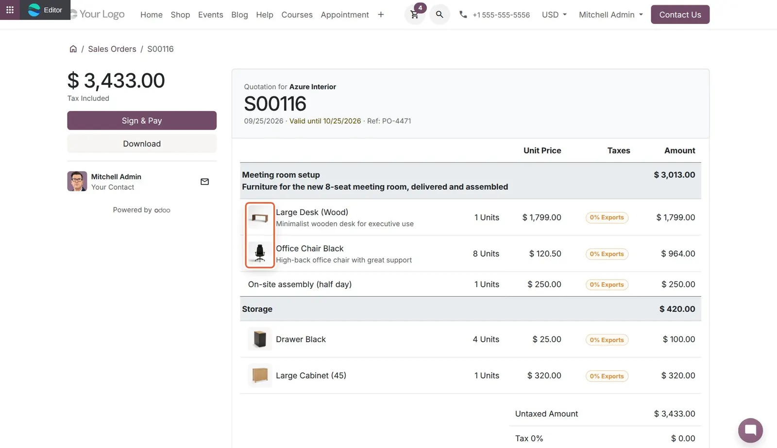 Odoo 20 Product images: With the setting on, product lines in the online quotation show the product image.